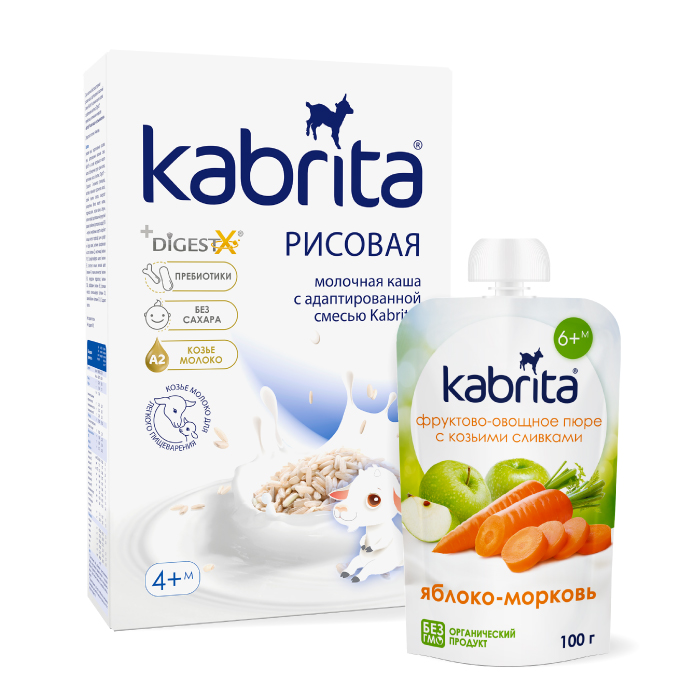 Изображение товара Набор KABRITA каша рисовая 180,0 + KABRITA пюре фруктовое-овощное с козьими сливками Яблоко-морковь