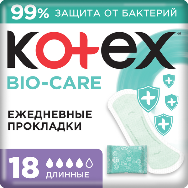 Изображение товара Kotex прокладки ежедневные с антибактериальным слоем внутри длинные bio-care 18 шт.