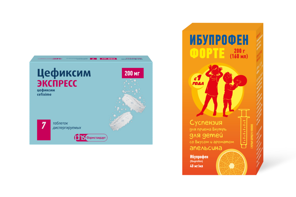 Изображение товара Набор Комплекс антимикробной терапии для детей: Цефиксим Экспресс 200мг №7 + Ибупрофен Форте 200г (апельсин) со скидкой