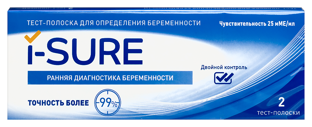 Изображение товара Тест-полоска для определения беременности i-sure 2 шт./чувствительность 25 мме/мл