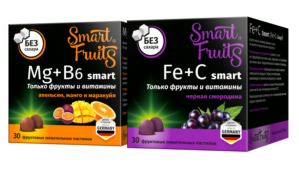 Изображение товара Набор SMART FRUITS FE+C СМАРТ 30шт. пастилки жевательные + SMART FRUITS MG+B6 СМАРТ 30шт. пастилки жевательные Изображение товара Набор SMART FRUITS FE+C СМАРТ 30шт. пастилки жевательные + SMART FRUITS MG+B6 СМАРТ 30шт. пастилки жевательные