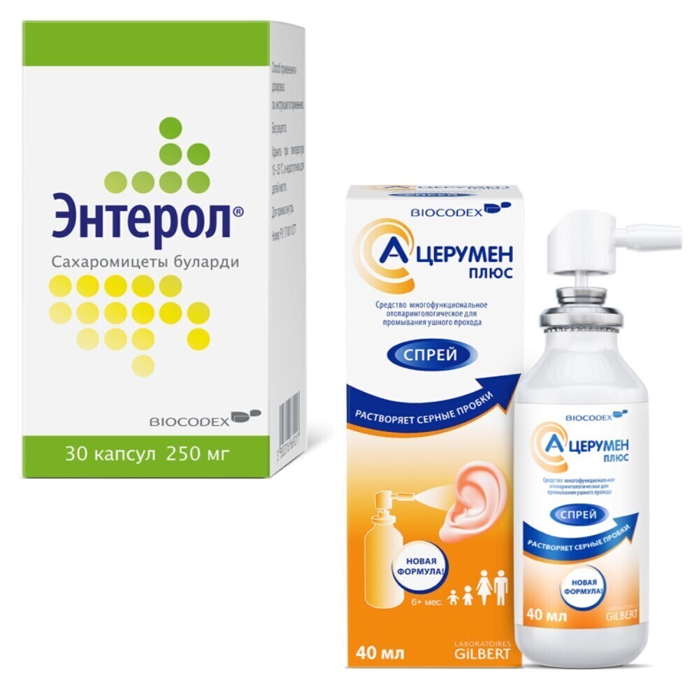 Изображение товара Набор Энтерол 0,25 N30 капс флак + А-церумен Плюс 40мл спрей со скидкой