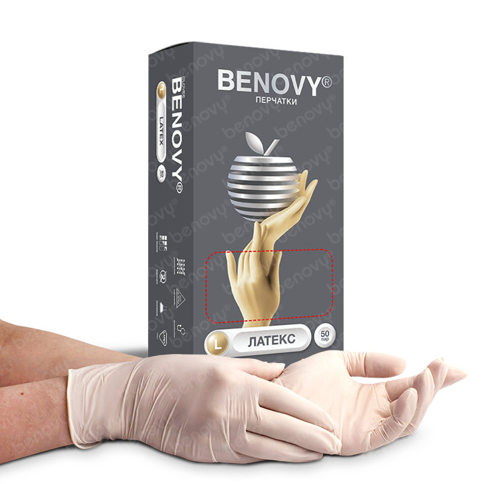 Изображение товара Перчатки медицинские benovy латекс нестерильные неопудренные L