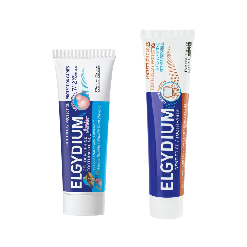 Изображение товара Набор ЭЛЬГИДИУМ: ЗУБНАЯ ПАСТА-ГЕЛЬ Д/ДЕТЕЙ 7 ЛЕТ ЖВАЧКА 50МЛ + ЗУБНАЯ ПАСТА ЗАЩИТА ОТ КАРИЕСА ИНТЕНСИВНАЯ СВЕЖЕСТЬ 75МЛ
