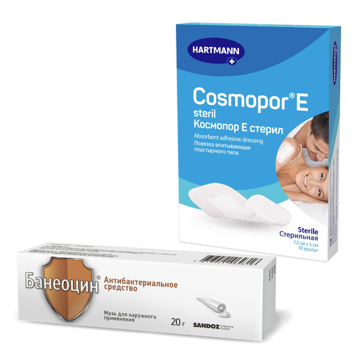Изображение товара Набор ПОВЯЗКА COSMOPOR E STERIL/КОСМОПОР Е СТЕРИЛ 7,2Х5СМ N10 и Банеоцин мазь 20 гр по спец.цене!