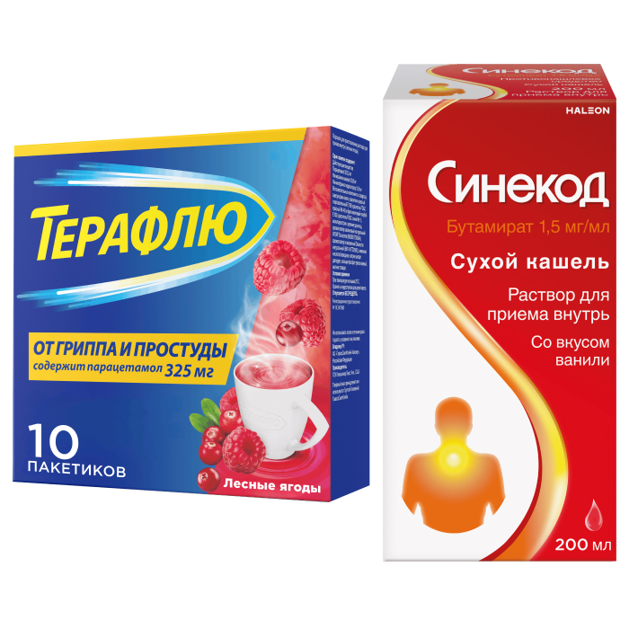 Изображение товара Набор Терафлю от гриппа и простуды N10 пак пор/лесные ягоды + Синекод 1,5 мг/мл флакон р-р д/приема внутрь 200мл со скидкой 15%