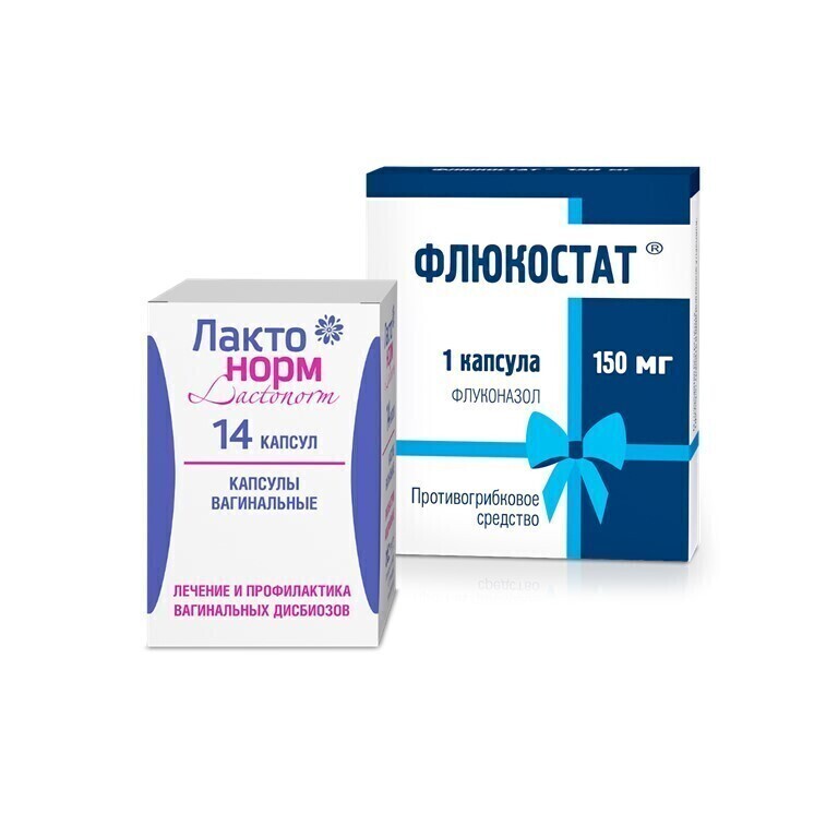 Изображение товара Набор Флюкостат (флуконазол) капс №1 при молочнице + Лактонорм капс №14 при вагинальных дисбиозах - со скидкой