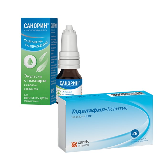 Изображение товара Набор Тадалафил-Ксантис 5мг №28 и Санорин с маслом эвкалипта 0,1% капли 10 мл!