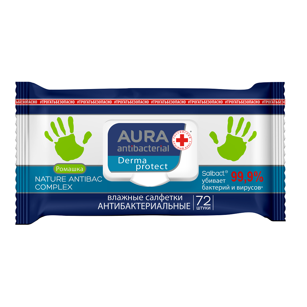 Изображение товара Aura antibacterial derma protect влажные салфетки антибактериальные ромашка 72 шт с крышкой кожный антисептик