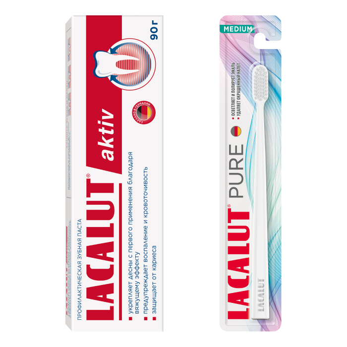 Изображение товара Набор LACALUT ЗУБНАЯ ПАСТА AKTIV 90,0 + LACALUT PURE ЗУБНАЯ ЩЕТКА СРЕДНЕЙ ЖЕСТКОСТИ со скидкой