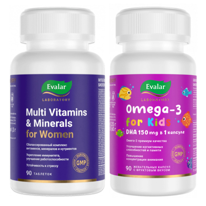 Изображение товара Набор МУЛЬТИВИТАМИНЫ И МИНЕРАЛЫ ЖЕНСКИЕ таблетки 90шт. + БЭБИ ЭВАЛАР ОМЕГА-3 ДГК капсулы жевательные 90шт.