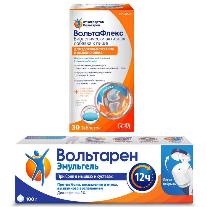 Изображение товара Набор Вольтафлекс №30 табл по 385мг + Вольтарен эмульгель 2% гель д/наружного применения 100гр со скидкой 5%