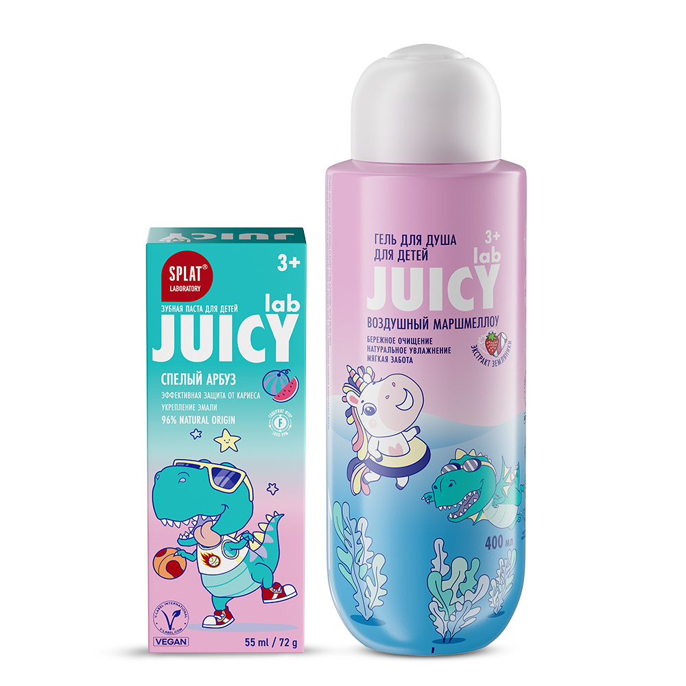 Изображение товара Набор JUICY LAB ЗУБНАЯ ПАСТА С ФТОРОМ СПЕЛЫЙ АРБУЗ + ГЕЛЬ ДЛЯ ДУША ВОЗДУШНЫЙ МАРШМЕЛЛОУ