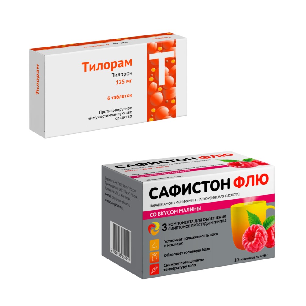 Изображение товара Набор со скидкой Тилорам 125 мг 6 шт + Сафистон Флю со вкусом малины порошок при простуде