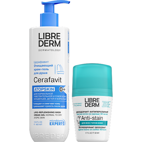 Изображение товара Набор ЛИБРИДЕРМ: крем-гель для душа липидовосстанавливающий для сухой кожи 400мл + дезодорант шариковый женский без следов 50мл