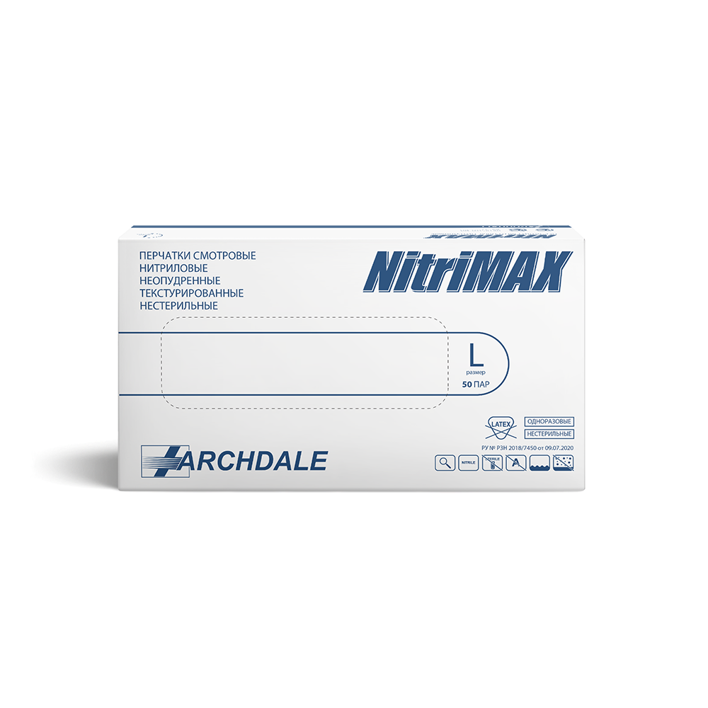 Изображение товара Перчатки смотровые Archdale Nitrimax нитриловые нестерильные L 50 пар белые