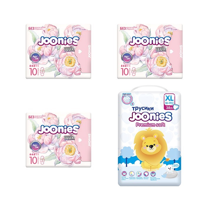 Изображение товара Набор JOONIES: подгузники для детей PREMIUM SOFT XL/12-17КГ N38 + 3 уп. женских дневных прокладок
