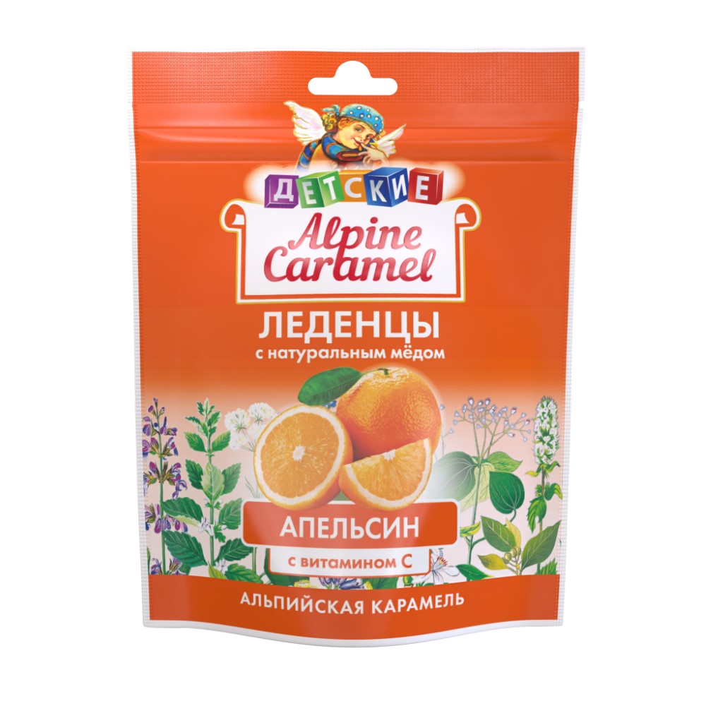 Alpine caramel леденцы альпийская карамель детские с натуральным медом и  витамином с со вкусом апельсина 75 гр - цена 303.50 руб., купить в интернет  аптеке в Гаджиево Alpine caramel леденцы альпийская карамель