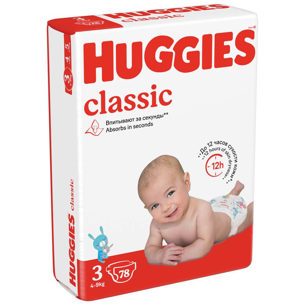 Изображение товара Подгузники Huggies Classic 3 размер для малышей 4-9 кг 78 шт