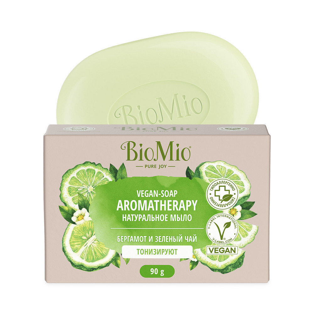 Biomio bio-soap aromatherapy мыло натуральное зеленый чай и эфирное масло  бергамота 90 гр - цена 135 руб., купить в интернет аптеке в Калтане Biomio  bio-soap aromatherapy мыло натуральное зеленый чай и эфирное