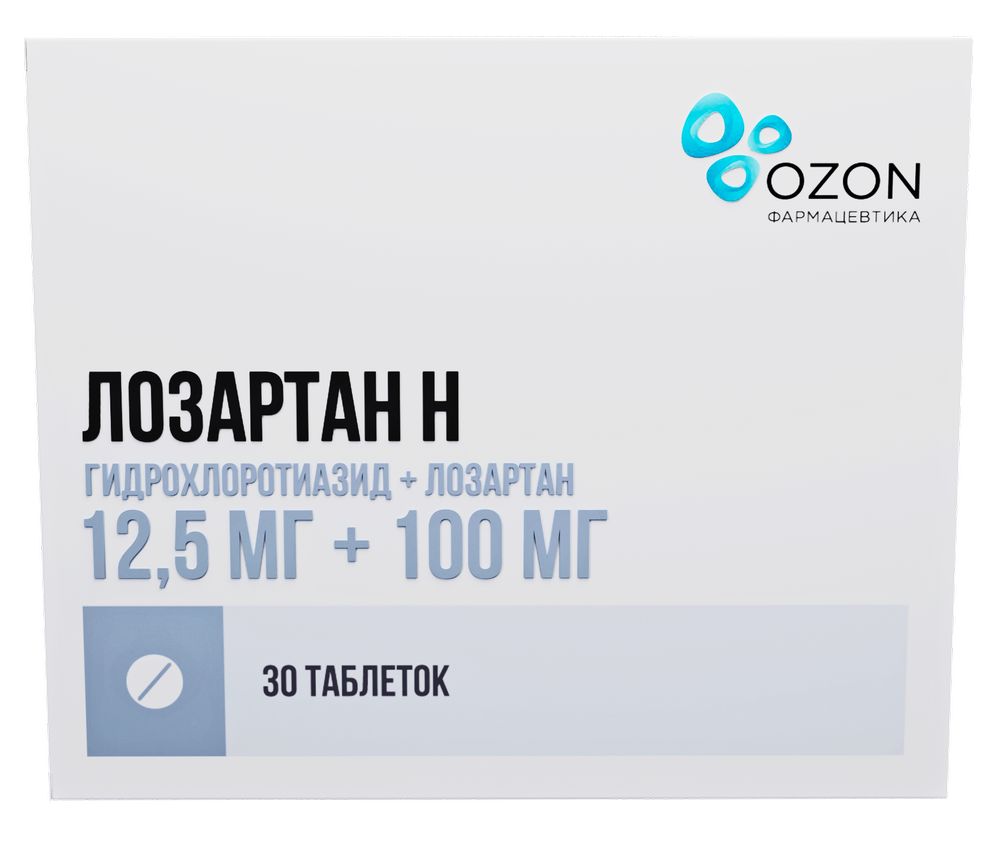 Лозартан н 12,5 мг + 100 мг 30 шт. таблетки, покрытые пленочной оболочкой -  цена 179 руб., купить в интернет аптеке в Москве Лозартан н 12,5 мг + 100  мг 30 шт. таблетки, покрытые пленочной оболочкой, инструкция по применению