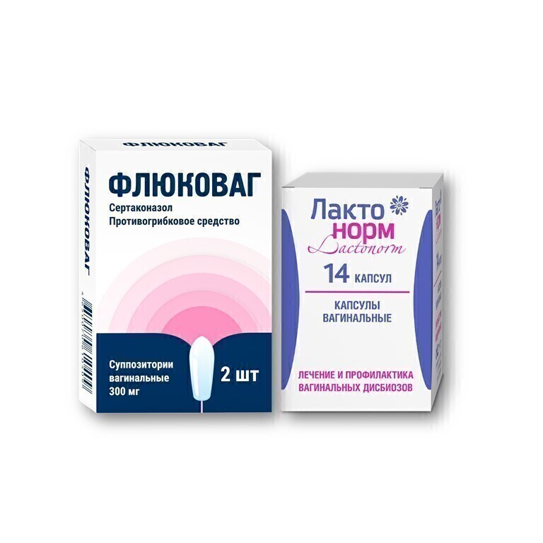 Изображение товара Набор Флюковаг (сертаконазол) супп №2 при молочнице + Лактонорм капс №14 при вагинальных дисбиозах - со скидкой Изображение товара Набор Флюковаг (сертаконазол) супп №2 при молочнице + Лактонорм капс №14 при вагинальных дисбиозах - со скидкой