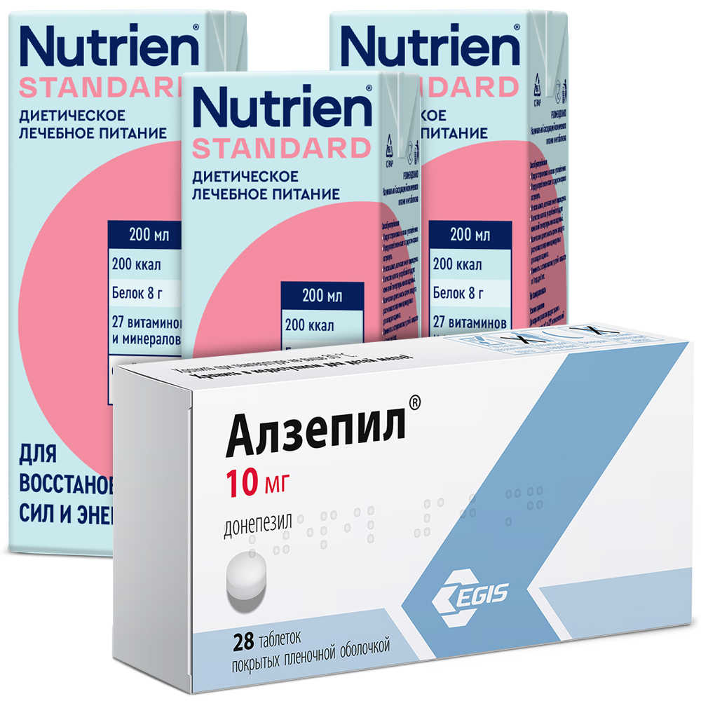 Изображение товара Набор АЛЗЕПИЛ 0,01 N28 ТАБЛ П/ПЛЕН/ОБОЛОЧ + НУТРИЭН СТАНДАРТ С НЕЙТРАЛЬНЫМ ВКУСОМ 200МЛ по специальной цене