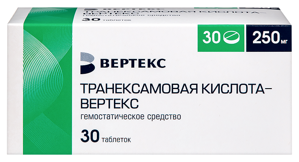 Изображение товара Транексамовая кислота Вертекс 250 мг 30 таблеток для остановки кровотечений