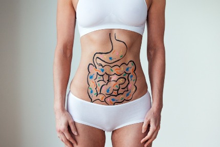 На торсе женщины нанесена схема желудочно-кишечого тракта