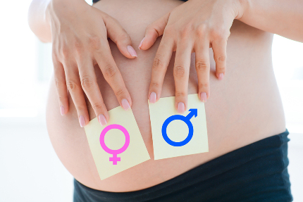 Беременная женщина приложила к животу стикеры с изображением гендерных стикеров.