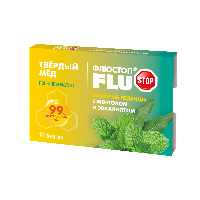 Изображение товара Флюстоп твердый мед медовые леденцы с ментолом и эвкалиптом 10 шт. леденцы массой 3 гр