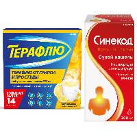 Изображение товара Набор Терафлю от гриппа и простуды N14 пак пор/лимон + Синекод 1,5мг/мл флак р-р д/приема внутрь 200мл со скидкой 15%