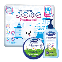 Изображение товара Набор JOONIES PREMIUM SOFT ПОДГУЗНИКИ ДЛЯ ДЕТЕЙ NB /ДО 5КГ N24 + БЮБХЕН КРЕМ + БЮБХЕН ГЕЛЬ Д/КУПАНИЯ