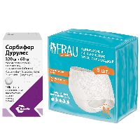 Изображение товара Набор  СОРБИФЕР ДУРУЛЕС 0,32+0,06 N100 ТАБЛ ПРОЛОНГ ВЫСВОБ П/ПЛЕН/ОБОЛОЧ + ТРУСЫ С ПРОКЛАДКОЙ ОДНОРАЗОВЫЕ ГИГИЕН FRAU COMFORT ра