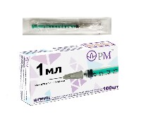 Изображение товара Шприц 1 мл трехдетальный c иглой 27g (0,4х12 мм) 100 шт./коробка/премьер-мед/