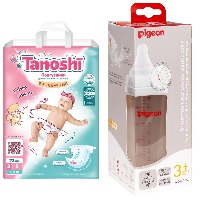 Изображение товара Набор Tanoshi подгузники для новорожденных размер S 3-6 кг N72 + Pigeon бутылочка для кормления полипропилен 3+ 240мл