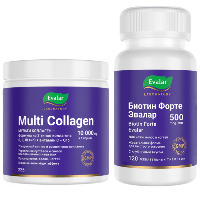 Изображение товара Набор МУЛЬТИ КОЛЛАГЕН ЭВАЛАР банка 225гр. + БИОТИН ФОРТЕ ЭВАЛАР 500мкг таблетки 120шт.