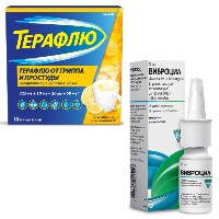 Изображение товара Набор Терафлю от гриппа и простуды N10 пак пор/лимон + Виброцил 35,125 мкг/доза+351,25 мкг/доза (95 доз) флакон спрей назал 15мл