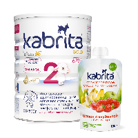 Изображение товара Набор KABRITA 2 GOLD СМЕСЬ СУХ НА КОЗЬЕМ МОЛОКЕ 800 гр + KABRITA пюре фруктовое с козьими сливками Банан с клубникой
