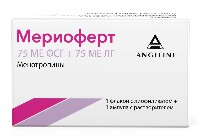 Изображение товара Мериоферт 75 ме фсг+75 МЕ лг 1 шт. флакон лиофилизат для приготовления раствора для внутримышечного и подкожного введения комплектность расторитель 1 мл n1 ампулы
