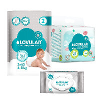 Изображение товара Набор LOVULAR подгузники Hot Wind S + пеленки детские по спец цене + салфетки для детей по спец цене